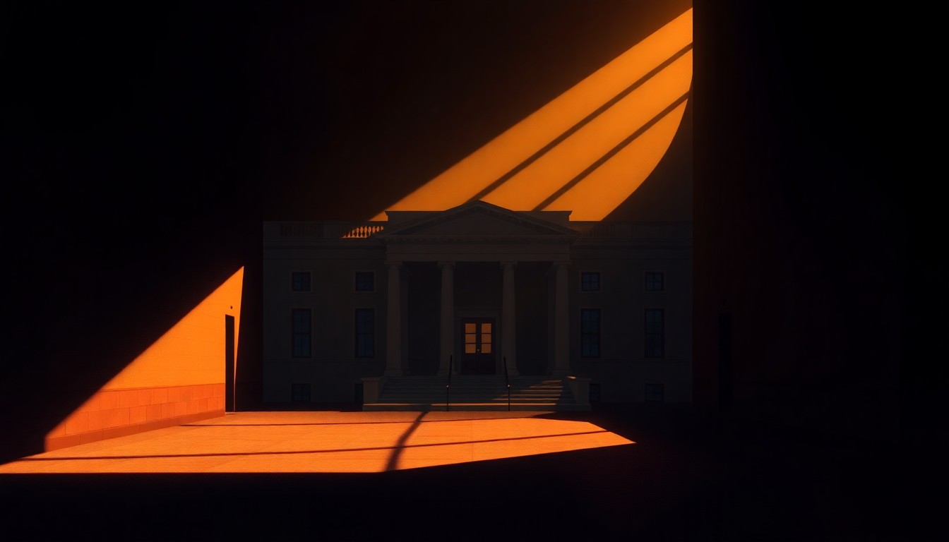 A serene, cinematic painting of a government building or office space, with warm sunlight casting long shadows across the scene, conveying a sense of tension and unease surrounding the funding negotiations.