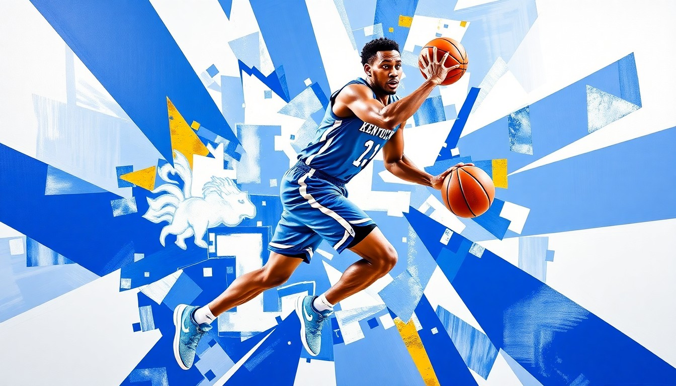 A fragmented, geometric painting depicting a Kentucky basketball player in motion, with sharp planes of blue, white, and gold overlapping to create a dynamic, abstract composition.