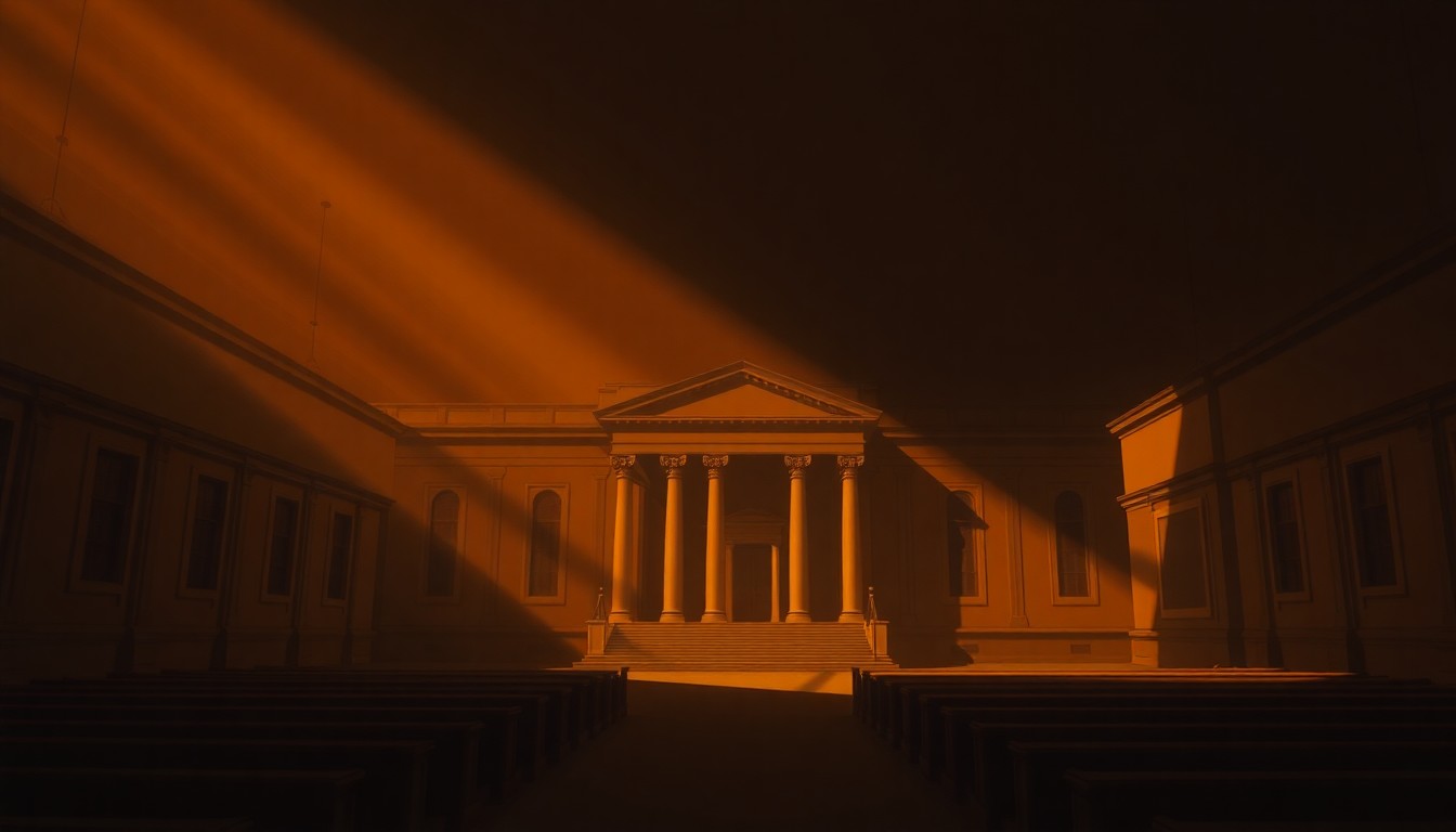 A serene, cinematic painting of a government building in warm, golden light, conveying a sense of political change and civic reflection.