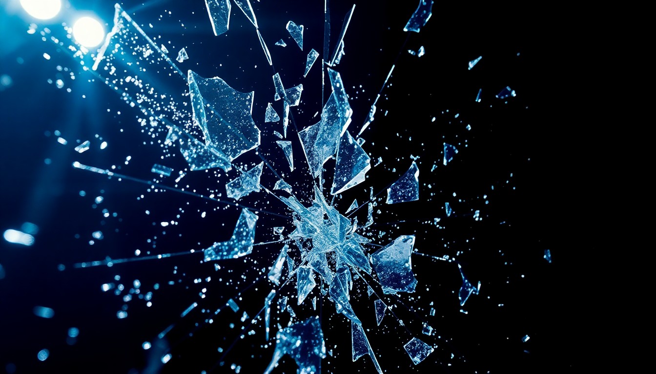 An extreme close-up photograph showing the abstract, high-contrast textures of shattered glass and glittering shards, conceptually representing the fragility and high-stakes pressures of live television news.