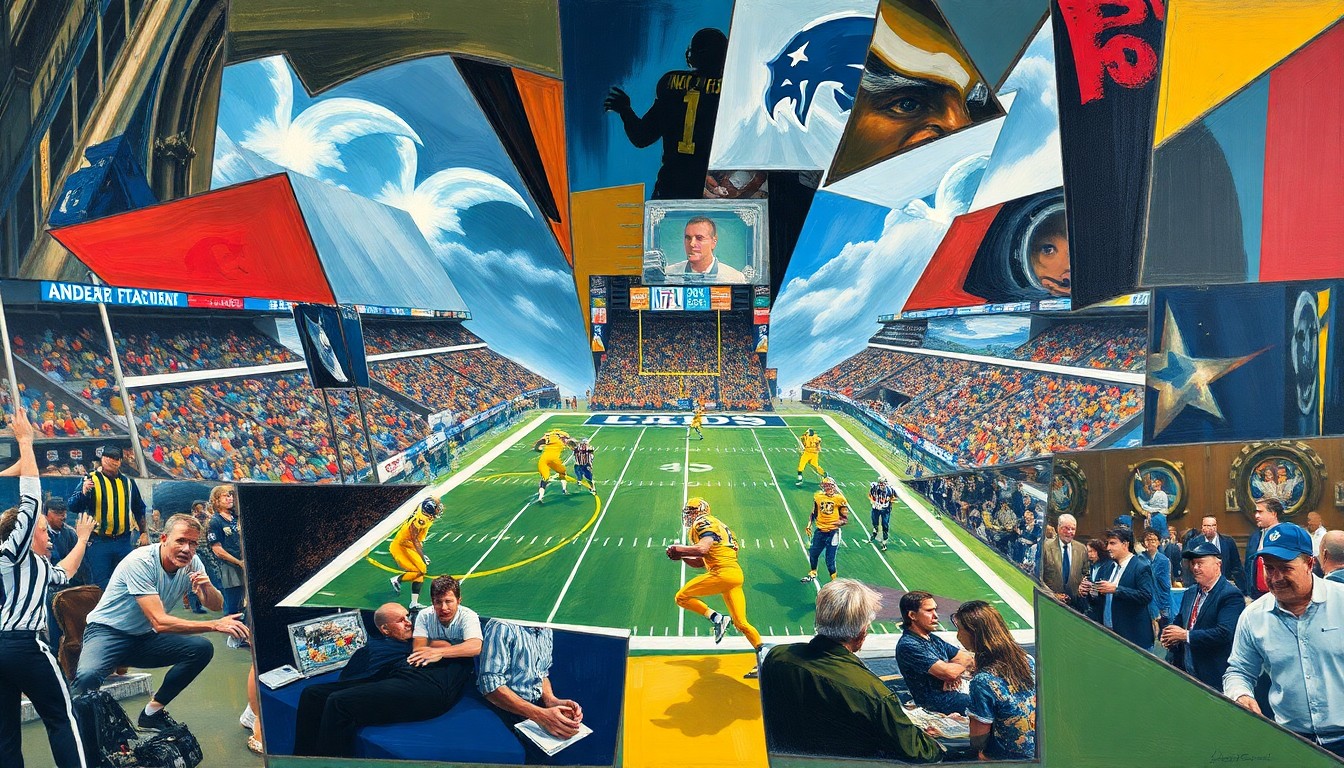 A cubist, geometric painting depicting fragmented and overlapping shapes and planes, representing the multifaceted decision-making process the Jets face in the NFL Draft.