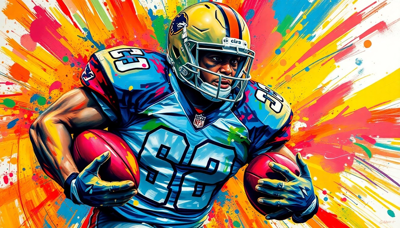 An abstract, expressionist painting in vibrant neon colors depicting the powerful, muscular form of a football player, with his face and uniform details dissolving into energetic brushstrokes, conceptually representing the raw athletic talent and potential of NFL prospect Uar Bernard.