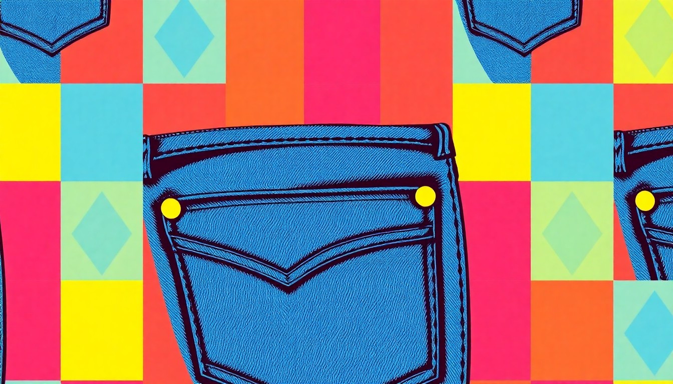 A high-contrast, brightly colored silkscreen print featuring a repeated pattern of a single iconic denim jean detail, such as a back pocket or belt loop, rendered in a bold, pop art style that captures the essence of the 'skinny baggy' jean trend.