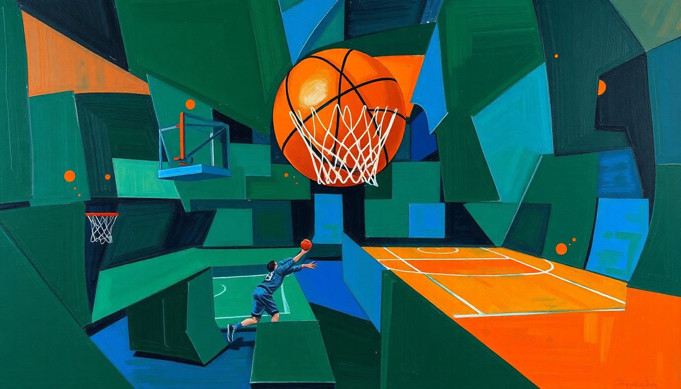A cubist, geometric painting depicting a fragmented basketball game or match, with sharp, overlapping planes of deep green, blue, and orange hues, conveying the tension and uncertainty surrounding Giannis Antetokounmpo's future with the Milwaukee Bucks.