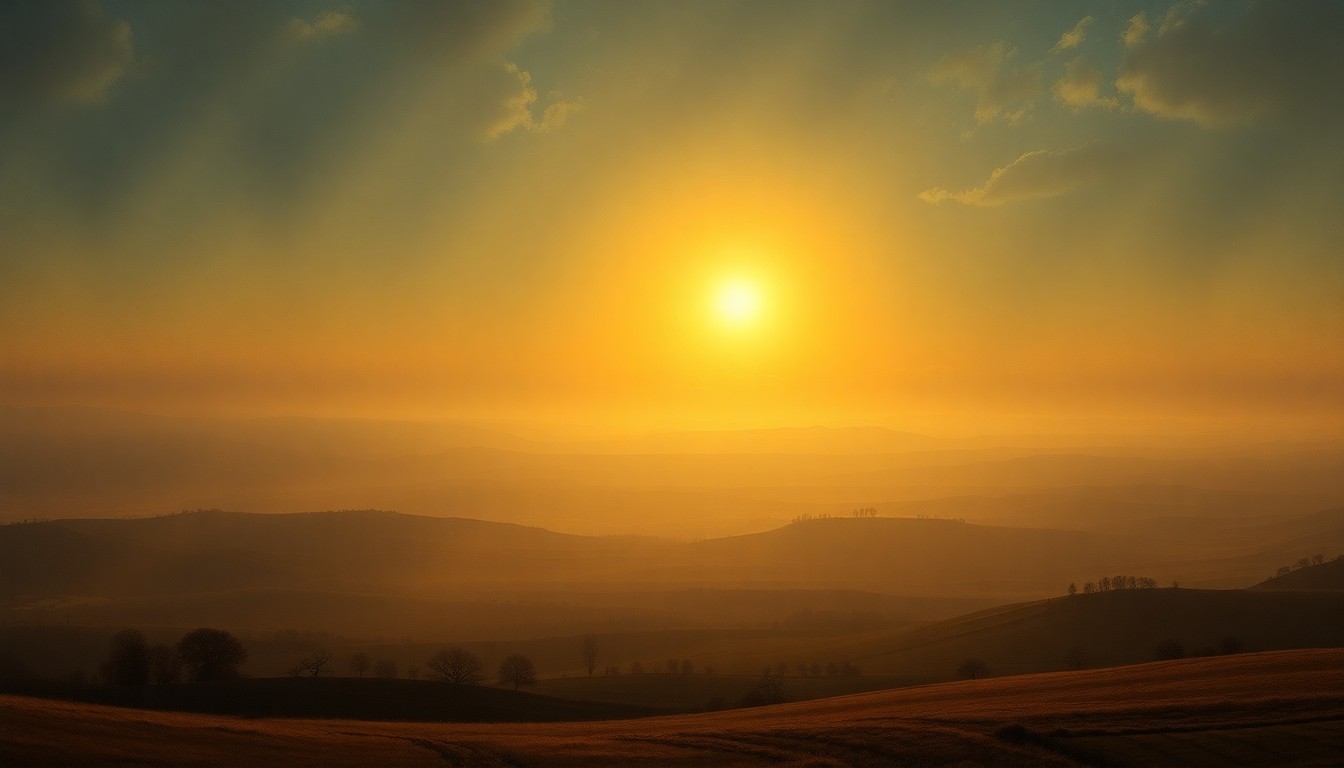 A vast, atmospheric landscape painting in muted earth tones, with a hazy, golden horizon casting a dreamlike glow over a rolling countryside, conveying the sublime power of nature and the melancholic mood of the region's weather challenges.