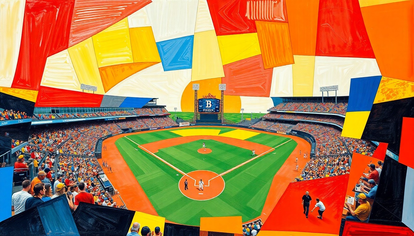 A cubist-style painting featuring overlapping geometric shapes and planes of vibrant colors, capturing the dynamic energy and action of a college baseball game.