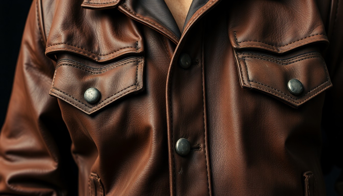 An extreme close-up photograph of a worn, distressed leather jacket in shades of brown and tan, capturing the rugged texture and patina of the material in a high-contrast, abstract composition that evokes the timeless spirit of country music.