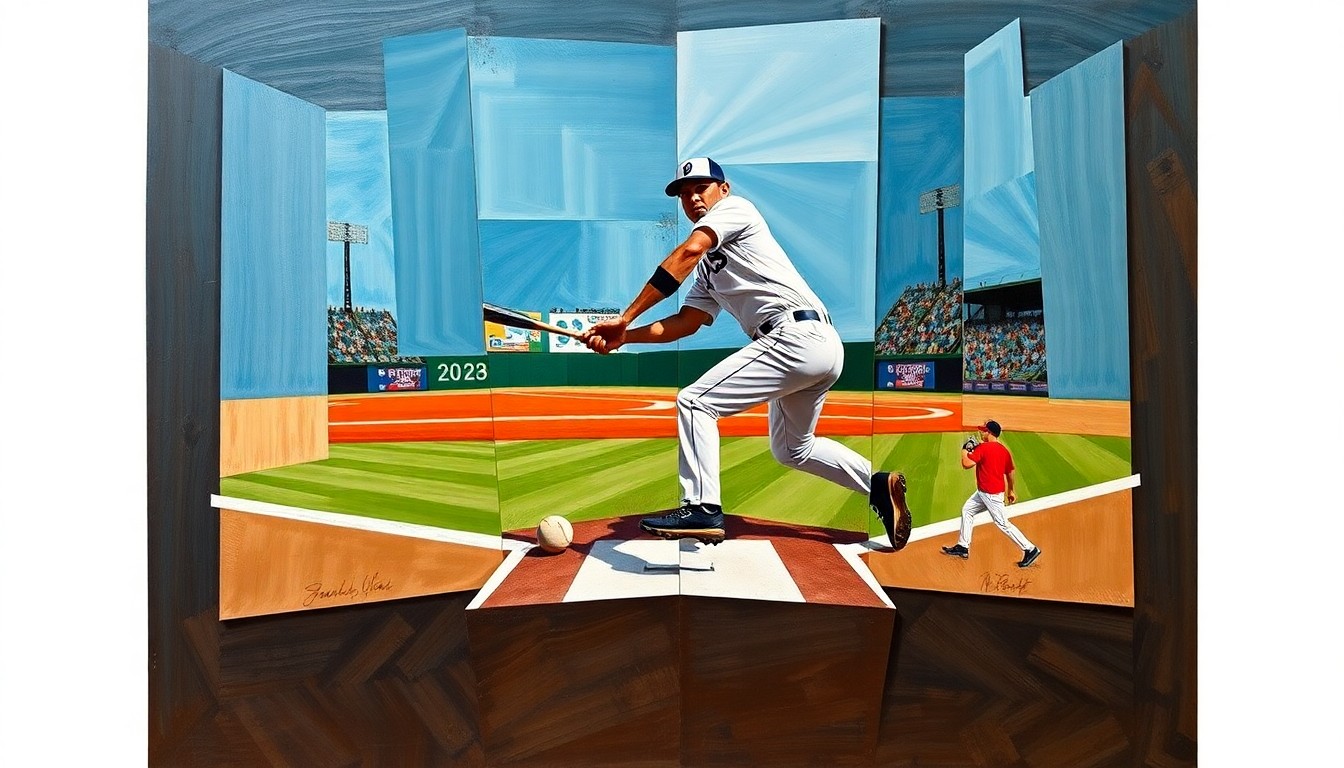 A cubist-style painting depicting a baseball player fielding a ground ball at second base, with the figure and field broken down into sharp, overlapping geometric shapes and planes in a vibrant color palette, capturing the dynamic motion and energy of the sport.