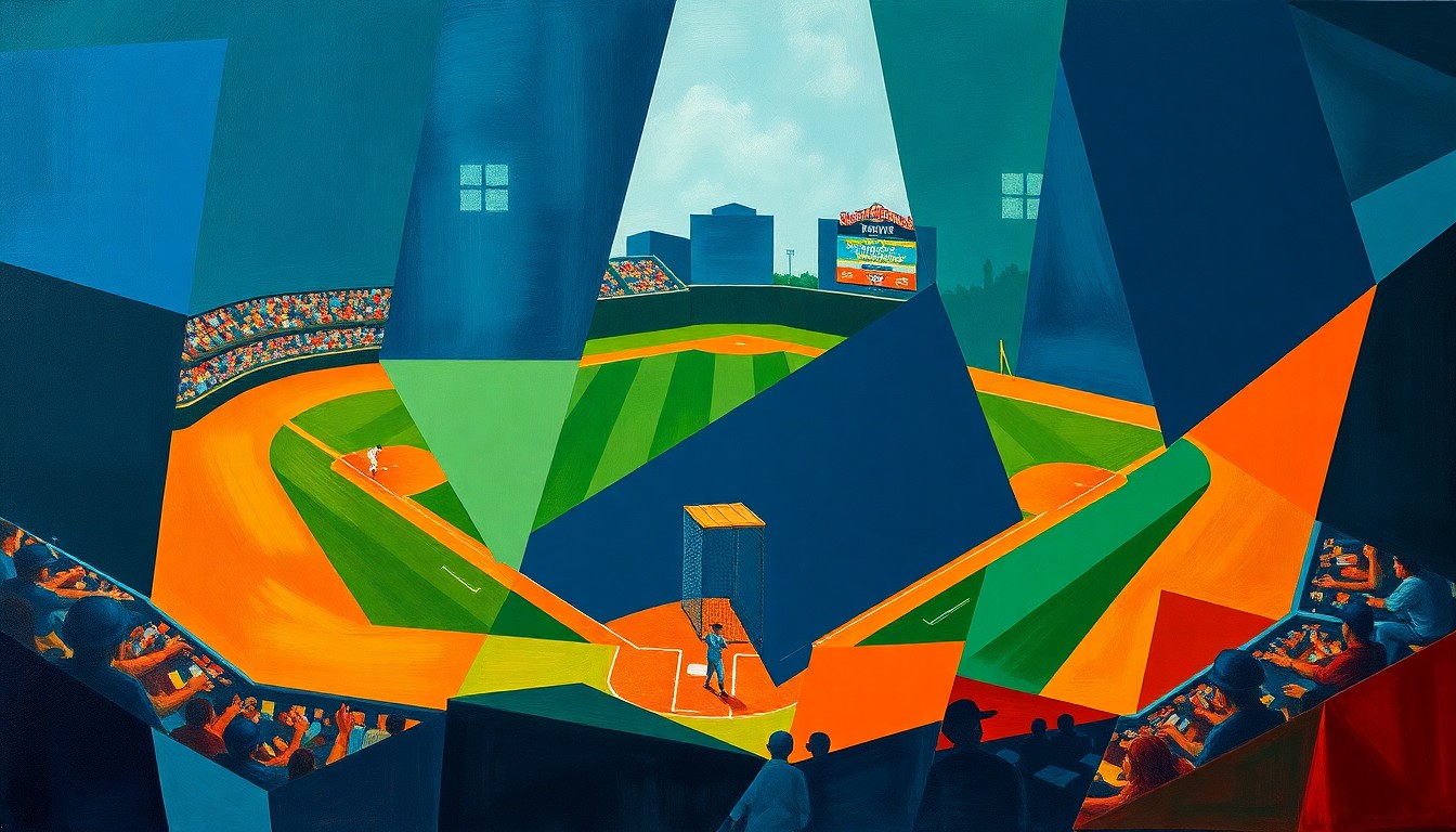 A cubist-style painting featuring overlapping geometric shapes and planes in navy blue, forest green, and burnt orange, representing the dynamic action and shifting momentum of a baseball game.