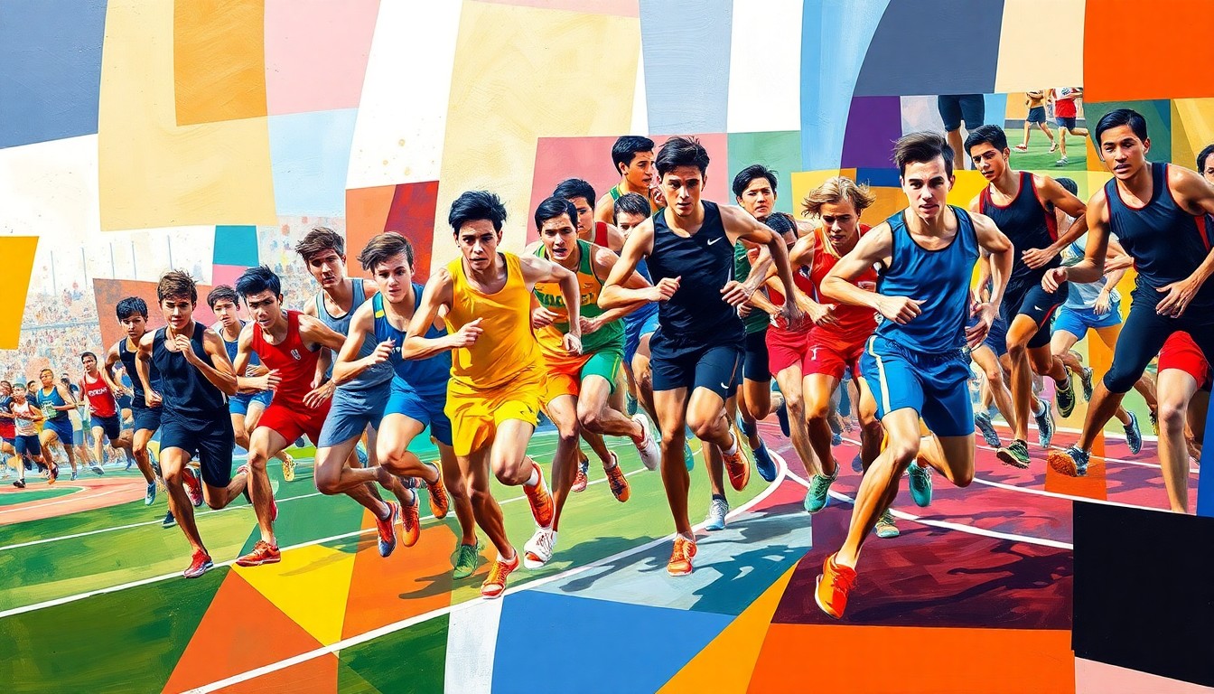 A fragmented, multi-angled painting in bold, primary colors depicting the motion and action of a high school track and field competition, with figures and shapes overlapping to create a dynamic, abstract visual representation.