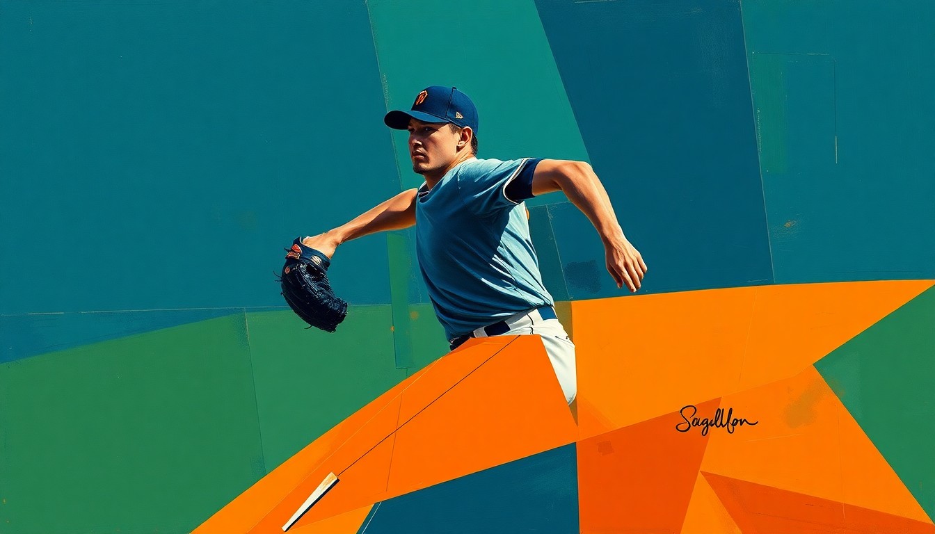 A cubist-style painting depicting a baseball pitcher's motion broken down into overlapping geometric shapes and planes in navy, green, and orange tones, conveying the strategic challenges of managing a pitching staff.