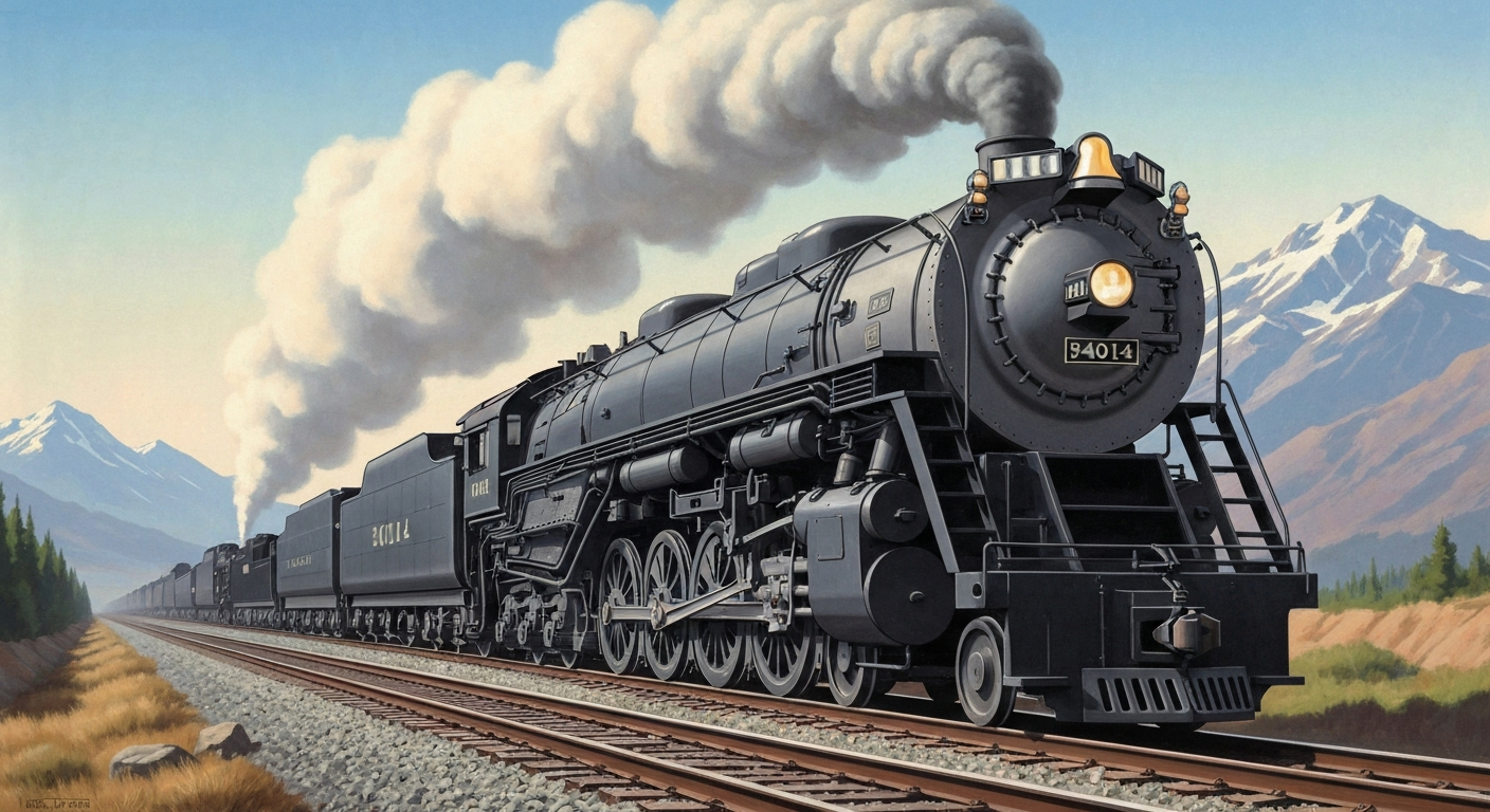 A bold, geometric illustration in the Art Deco style depicts the massive, streamlined form of the Big Boy #4014 steam locomotive towering over a mountainous landscape, capturing the grand scale and romance of this historic American engineering marvel.