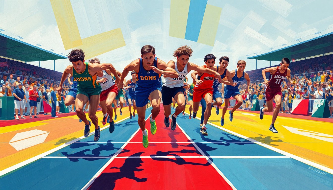 A fragmented, geometric painting in the style of Pablo Picasso, depicting the long jump event at a high school track and field competition through sharp, overlapping planes of motion and color.