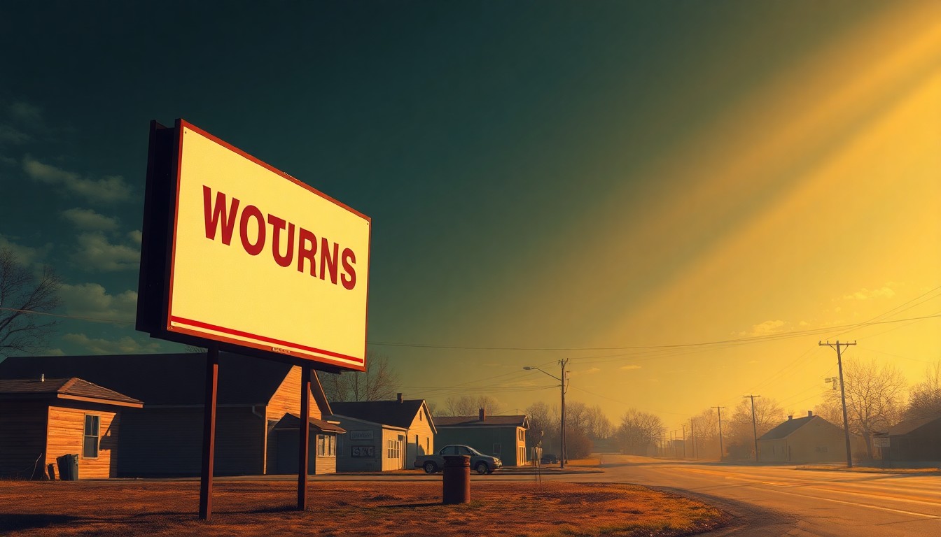 A serene, cinematic painting depicting a lone political campaign sign or billboard in a small-town Wisconsin setting, with warm sunlight and deep shadows creating a contemplative mood.
