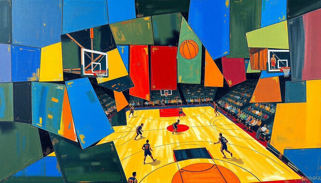 A fragmented, geometric painting in bold colors depicts the motion and action of a basketball game, with shapes and planes overlapping to create a sense of movement and intensity.