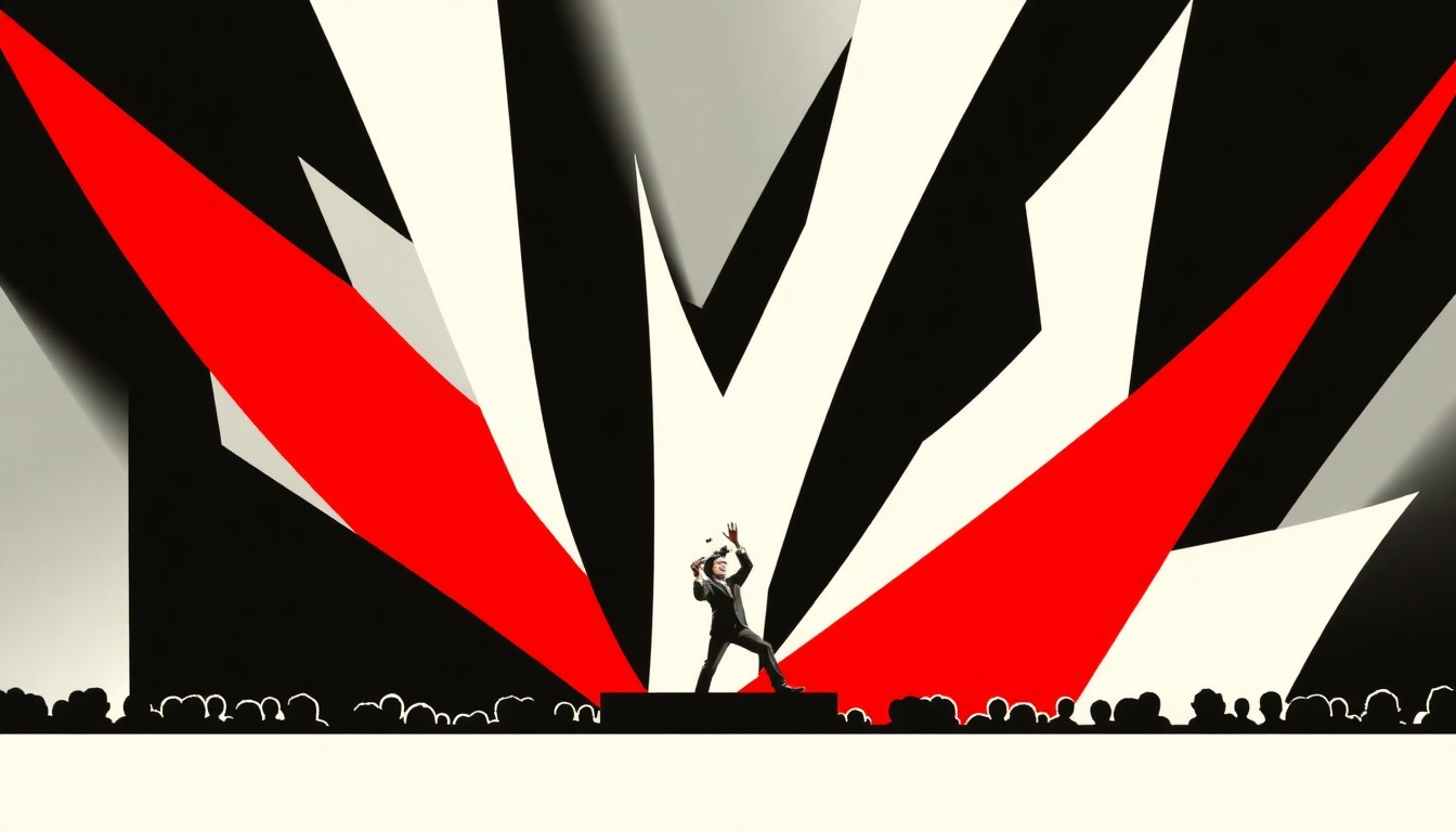 A striking abstract composition of bold, angular black shapes against a bright red background, conceptually representing the momentous conclusion of a legendary musical career.