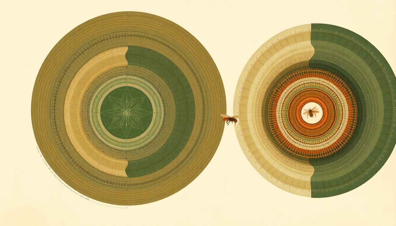 An abstract, highly structured painting in earthy tones of green, brown, and ochre, depicting the intricate interplay of geometric shapes, waveforms, and botanical spirals, representing the complex dynamics between honeybees and the Varroa mite parasite.