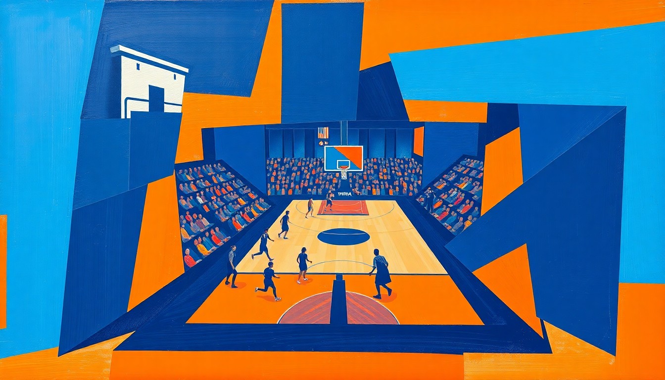 A fractured, cubist-style painting depicting a WNBA basketball game, with players and the court broken down into sharp, overlapping geometric shapes in navy, sky blue, and orange, conveying the dynamic energy of the sport.