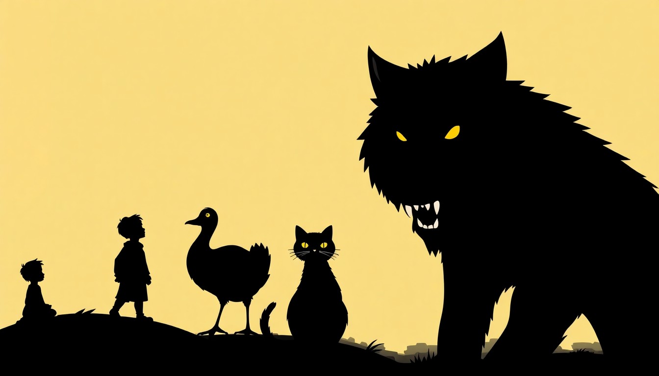 A conceptual editorial illustration featuring bold, graphic black silhouettes of the characters from Prokofiev's 'Peter and the Wolf' against a high-contrast background of solid colors, capturing the whimsical and educational nature of the production.