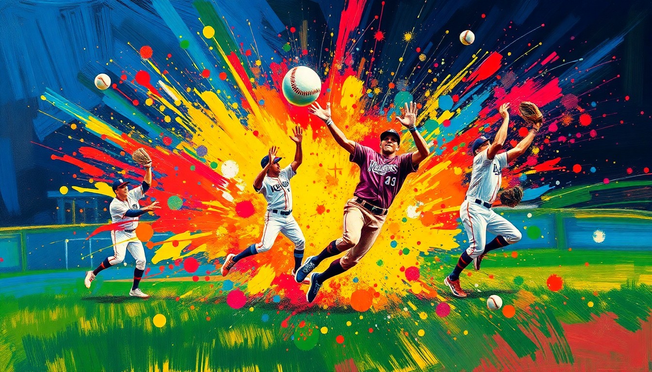 A vibrant, energetic painting depicting the dynamic movements and raw athleticism of a baseball player making a series of spectacular outfield catches, with the players and ball dissolving into colorful, expressive brushstrokes.