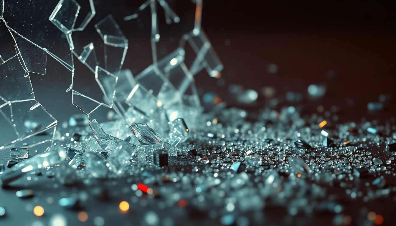 An extreme close-up photograph of shattered glass and glittering sequins, capturing the nostalgic glamour and high-contrast textures of 1990s Hollywood in a conceptual, abstract composition.