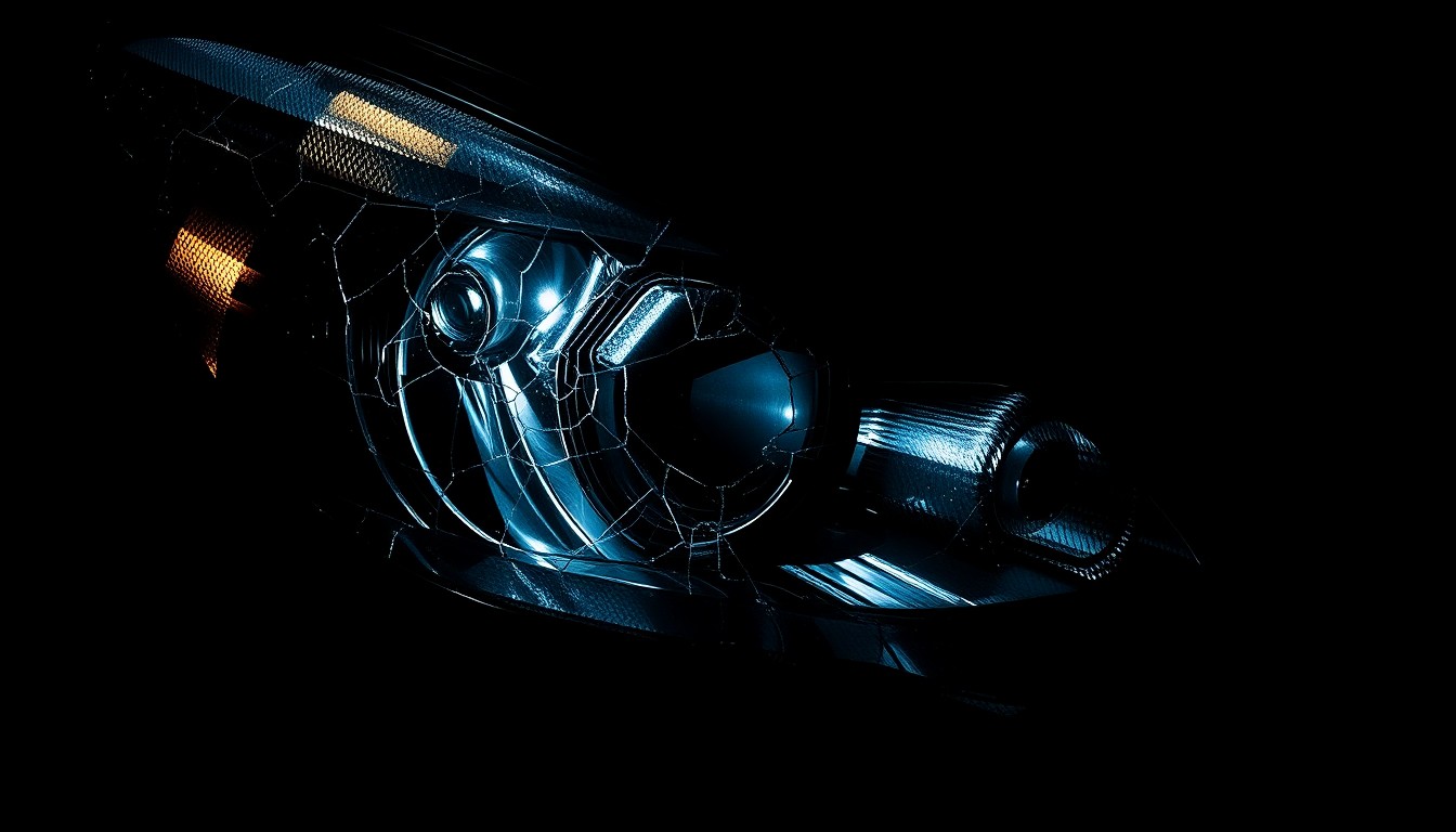 An extreme close-up of a cracked and damaged car headlight lens, conceptually illustrating the aftermath of a high-speed collision on a highway.