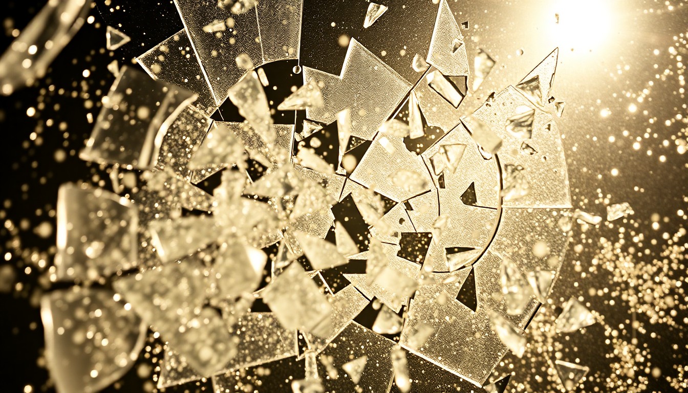 An abstract close-up image of shattered glass and glittering sequins, captured in dramatic, high-contrast studio lighting, conceptually representing the creative tension and behind-the-scenes drama on the set of the beloved sci-fi series Stargate SG-1.