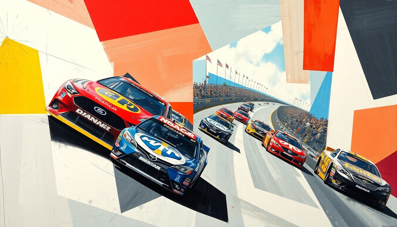 A cubist-style painting depicting a NASCAR race broken down into overlapping geometric shapes and planes, capturing the dynamic energy and tension of the sport.