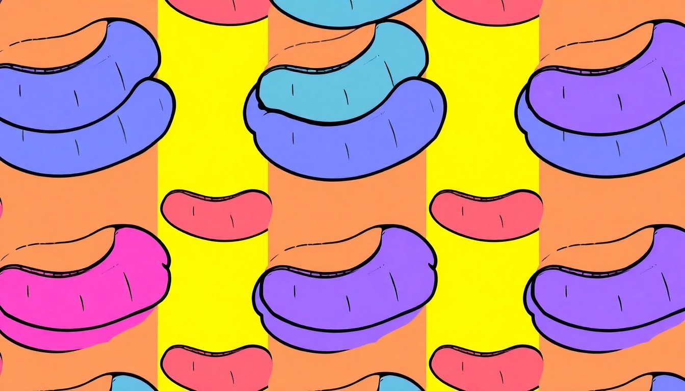 A bold, colorful silkscreen-style illustration featuring a repeating pattern of a single boudin sausage in neon shades of red, yellow, and blue, conceptually representing the festival's festive energy and focus on local culinary traditions.