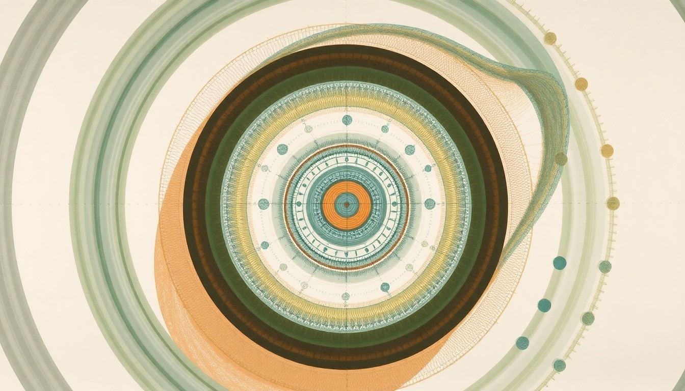 A highly abstract, geometric painting in soft, earthy tones of green, blue, and brown, depicting a complex, interconnected network of cellular structures and waveforms, representing the detailed gene expression patterns visualized by the Seq-Scope-X technology.