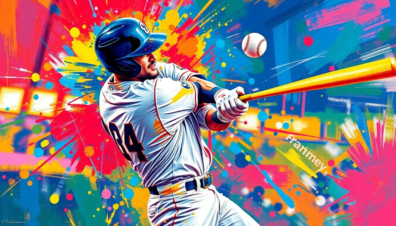 An extreme close-up of Max Muncy's baseball bat connecting with the ball in a burst of vibrant, expressionist paint strokes, capturing the raw power and energy of the game-winning home run.