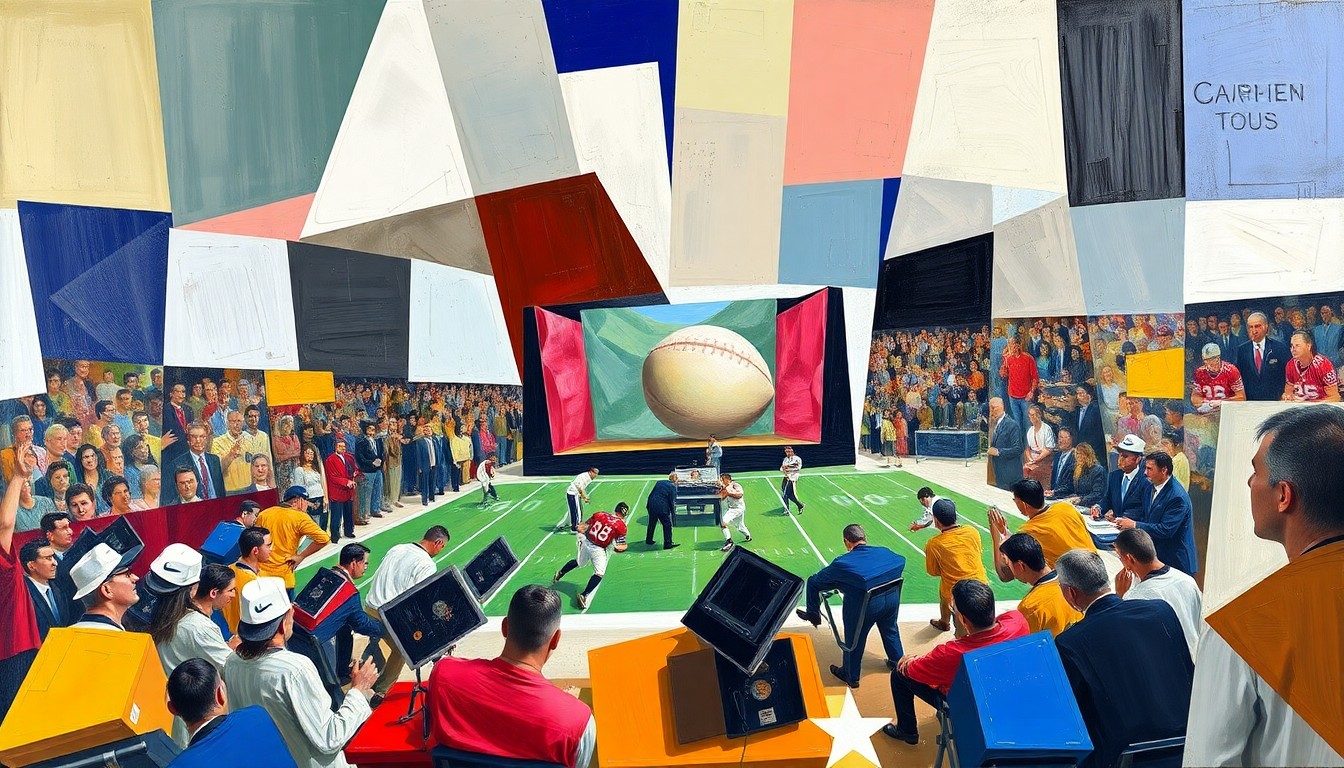 A cubist, geometric painting depicting a fragmented football draft scene, with overlapping planes of color and shape representing the complex decision-making process behind the Commanders' draft selections.