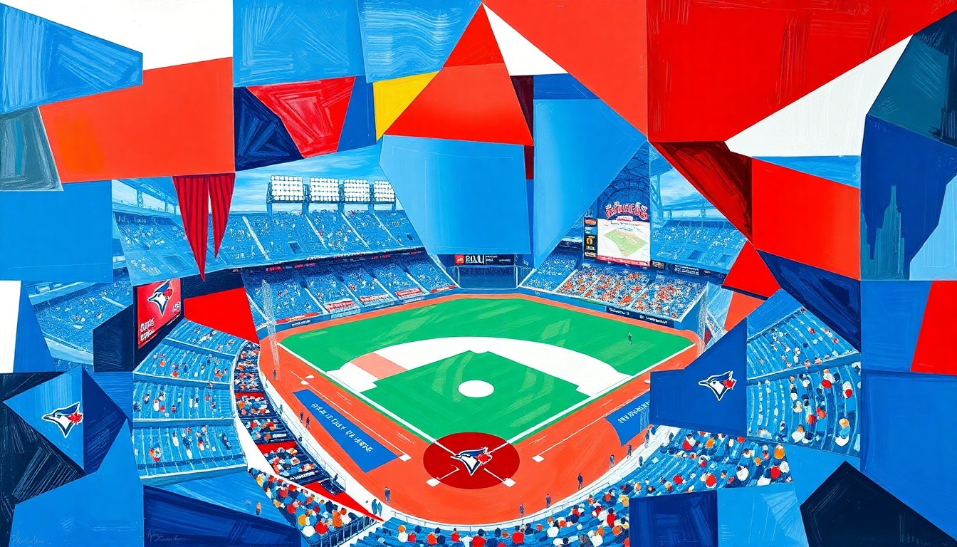 A cubist, geometric painting depicting a Blue Jays baseball game, with the players and field broken down into sharp, overlapping planes of vibrant blue, white, and red colors, capturing the dynamic energy and excitement of the team's early-season success.