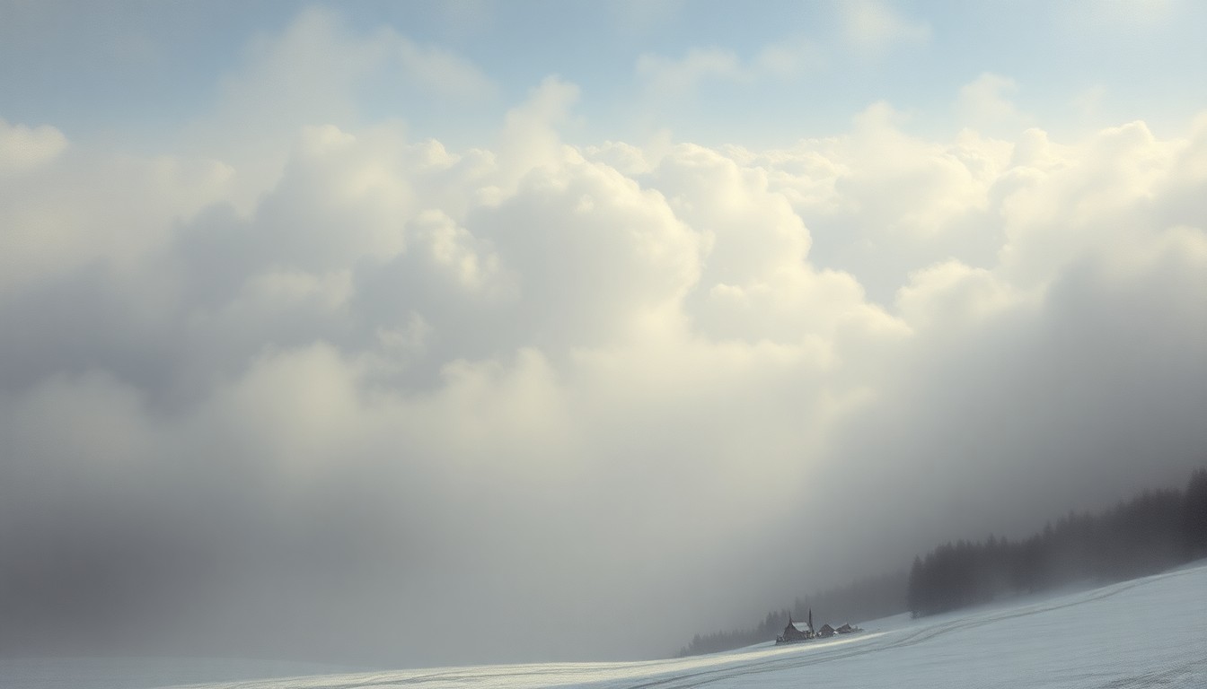 A vast, atmospheric landscape painting in muted tones of white, grey, and blue, depicting a small town in the distance obscured by a blinding snowstorm, conveying the overwhelming scale and power of the natural world.