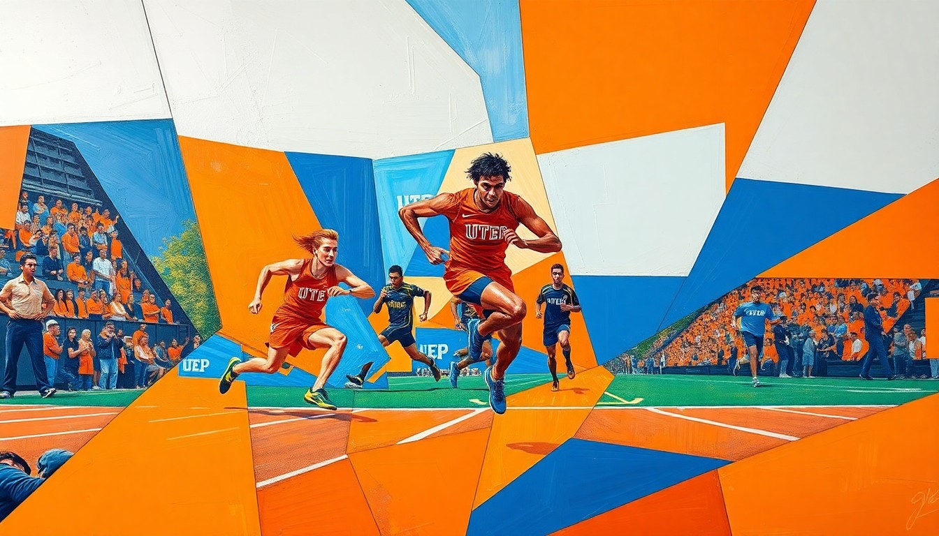 A cubist, geometric painting depicting a UTEP track and field competition, with sharp, overlapping planes of orange and blue representing the dynamic movement and energy of the athletes.