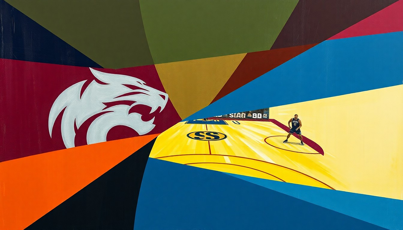 A cubist, geometric painting depicting the dynamic movements and energy of a college basketball game, with the team colors of Mississippi State and Kennesaw State creating a visually striking composition.