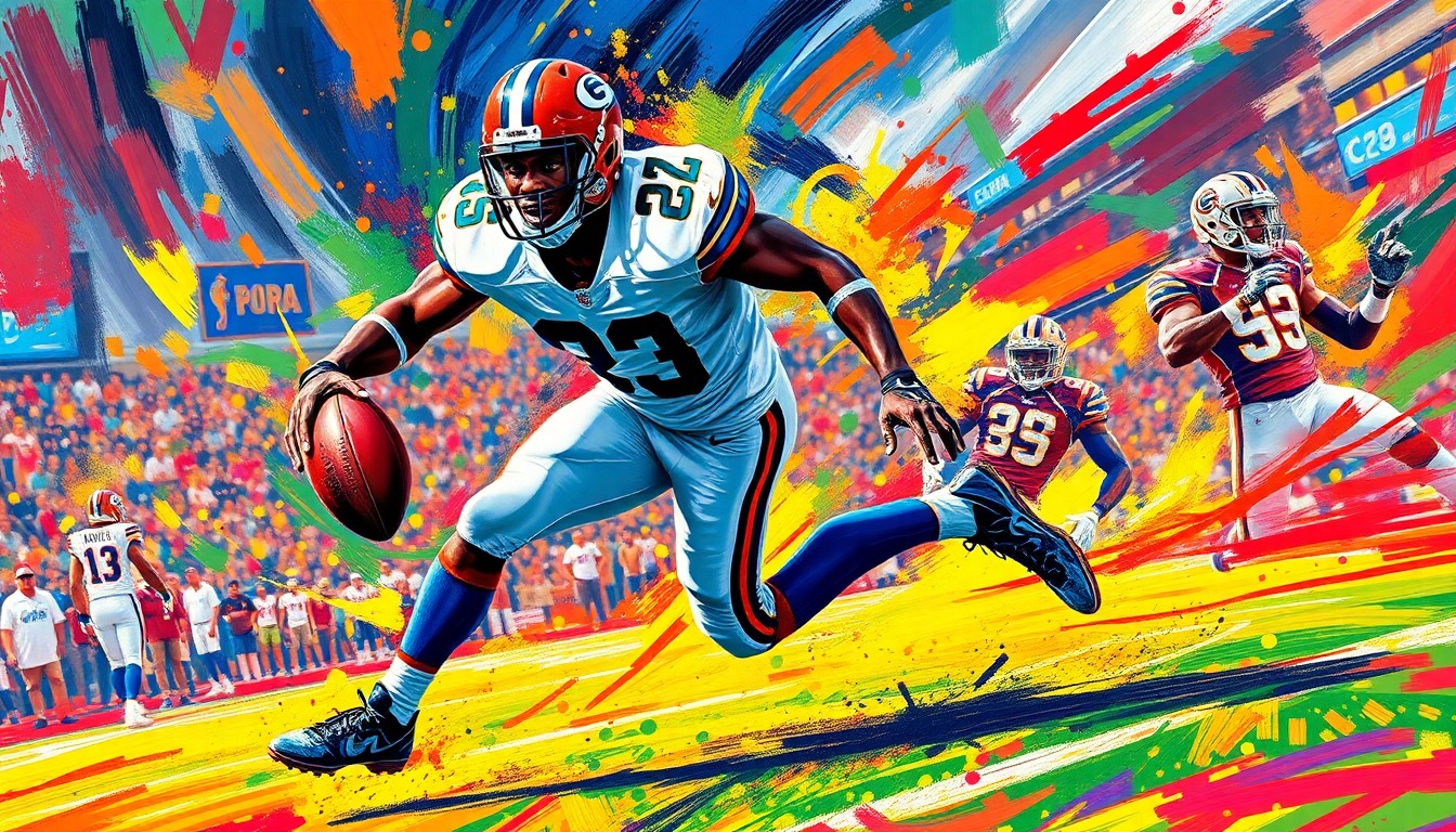 An abstract, energetic painting featuring bold, neon-colored brushstrokes that capture the dynamic movement and intensity of a defensive back making a play on the football field.
