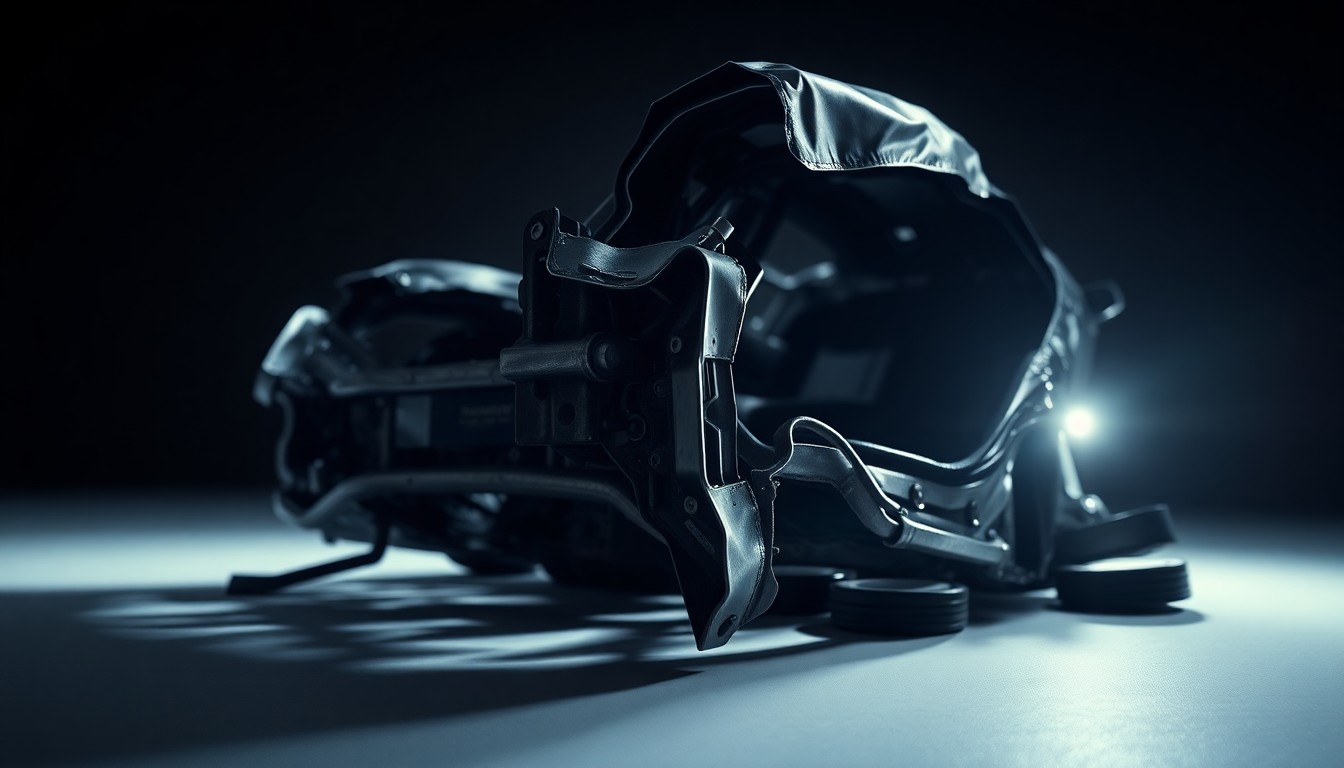 An abstract close-up image of a twisted, crumpled metal car part, shot in dramatic high-contrast studio lighting to convey the aftermath of a high-speed crash.