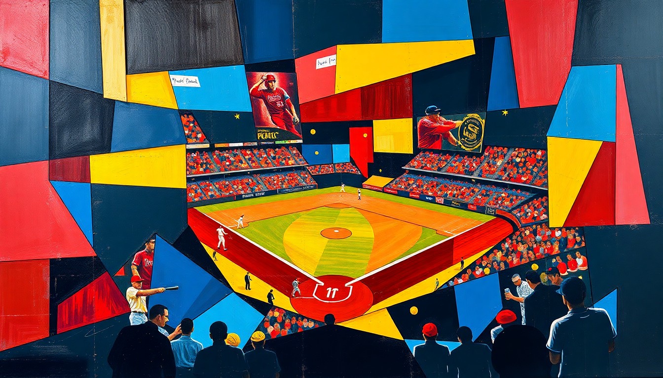 A cubist, geometric painting depicting a baseball game, with sharp, overlapping planes of color representing the dynamic action on the field.
