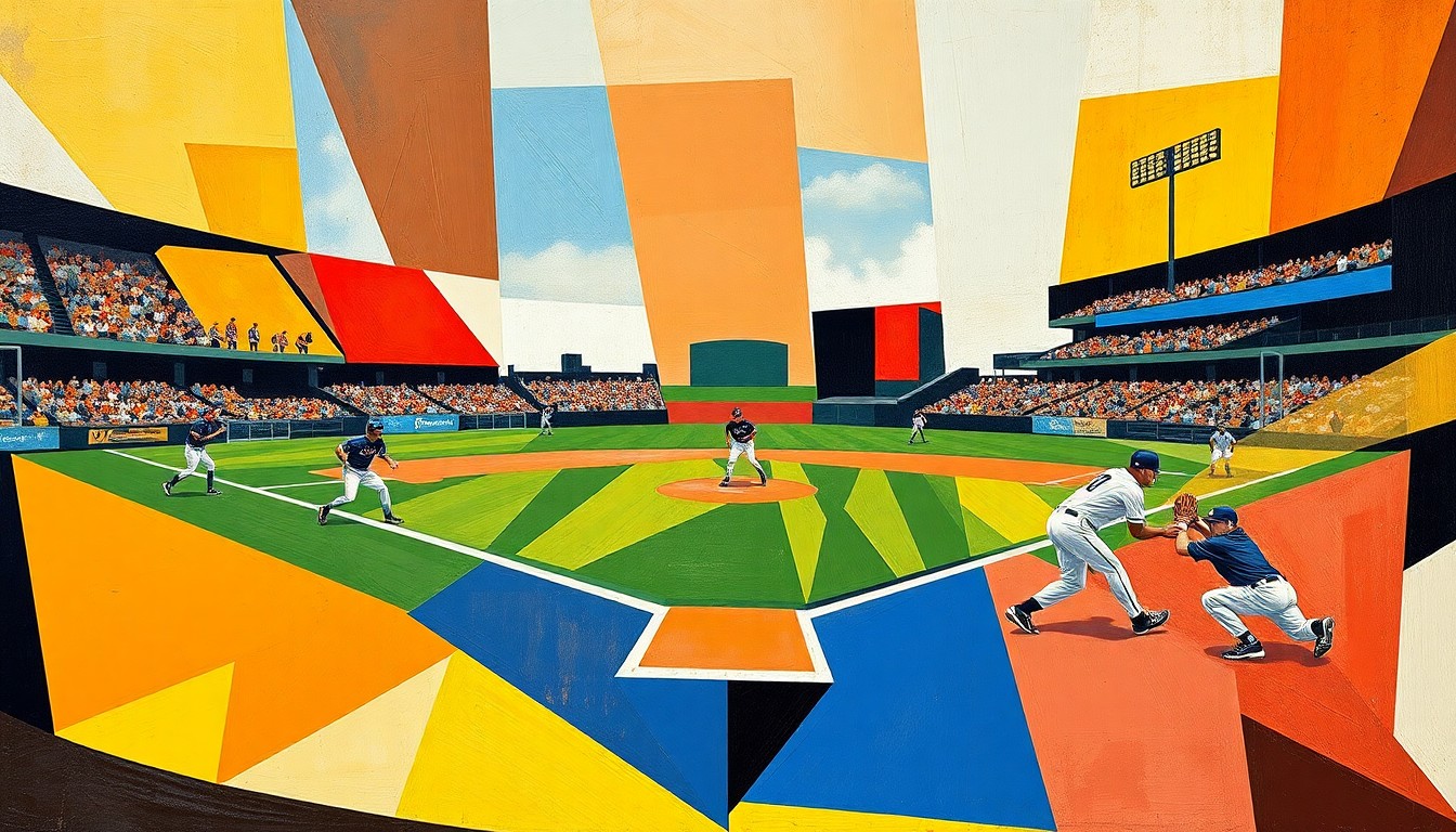 A cubist, geometric illustration depicting the dynamic action of a college baseball game, with players and the field of play abstracted into overlapping planes of vibrant color.