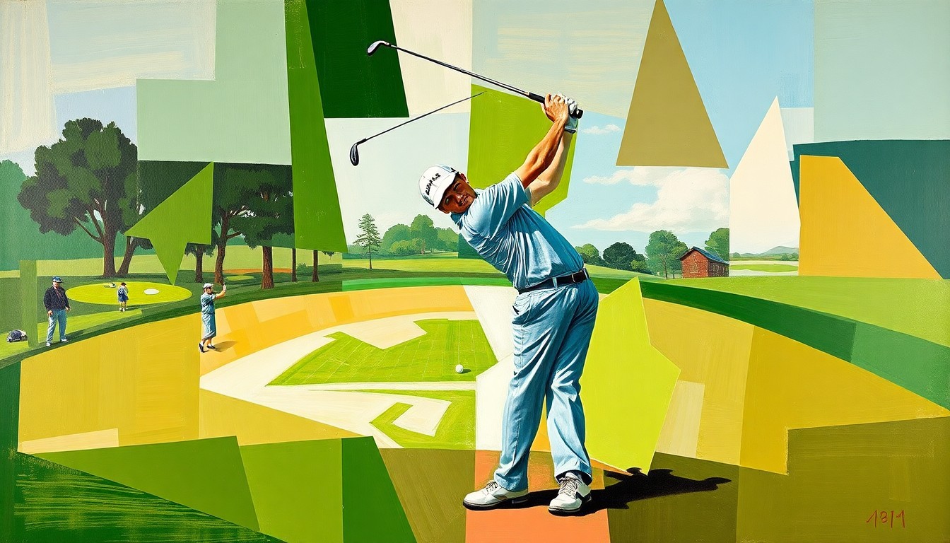 A fractured, geometric painting depicting a golfer's swing and competition, rendered in a cubist style using overlapping planes of green, blue, and brown tones to conceptually represent the multifaceted nature of Young's rapid ascent in professional golf.