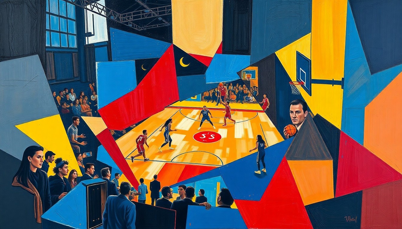 A cubist-style painting featuring fragmented, geometric shapes in navy, red, and yellow, conceptually representing the strategic decision-making behind resting key players in a basketball game.