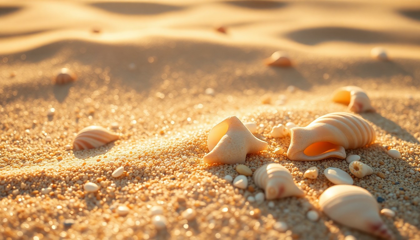 An abstract close-up image of sparkling sand and seashells, capturing the luxurious and relaxing atmosphere of a beach vacation.