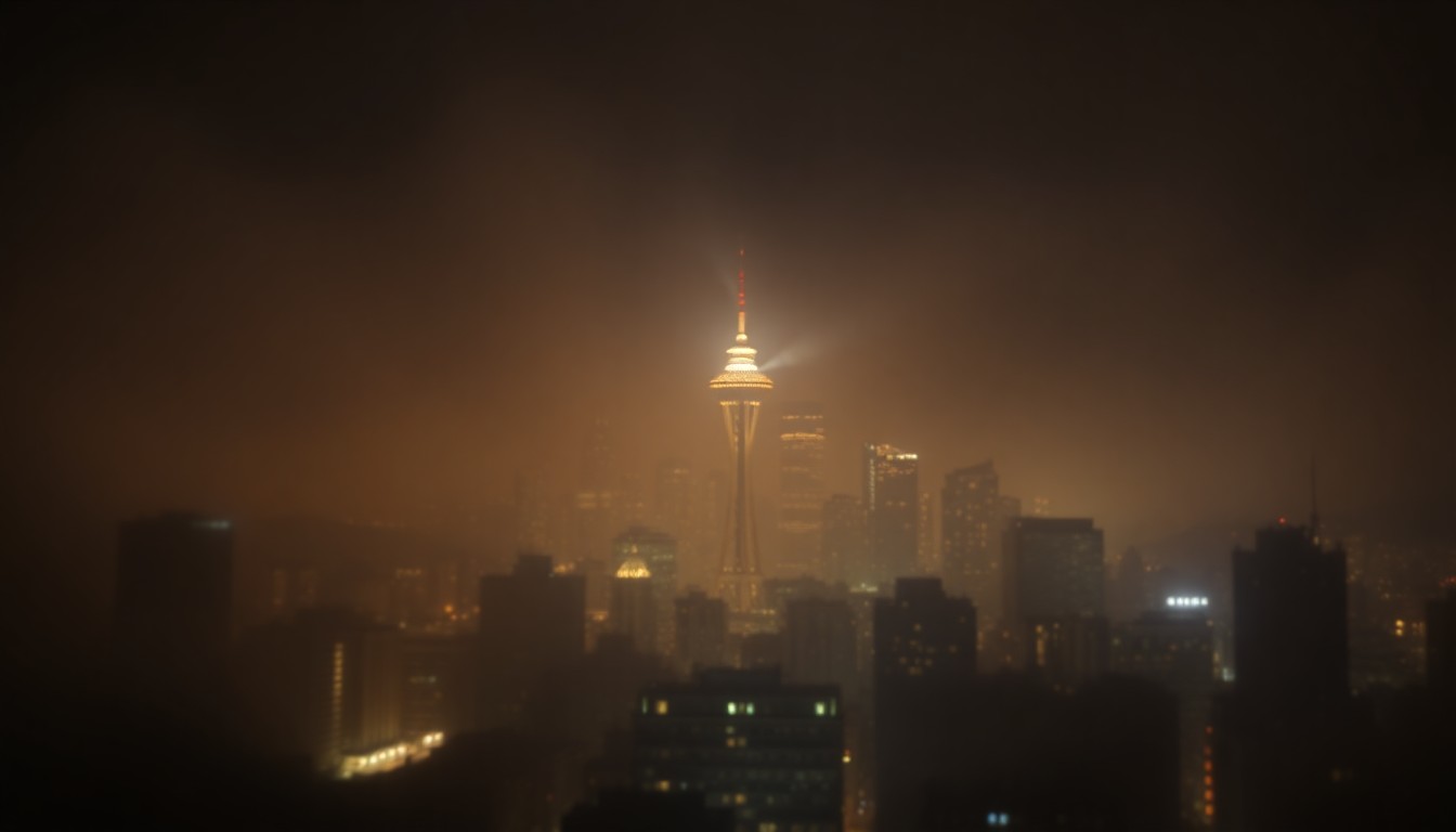 An abstract, hazy photograph of a nighttime cityscape, with the faint outlines of skyscrapers and Coit Tower visible through a wash of warm, blurred light, conceptually representing the atmospheric mood of an unexpected fireworks display over a densely populated urban area.