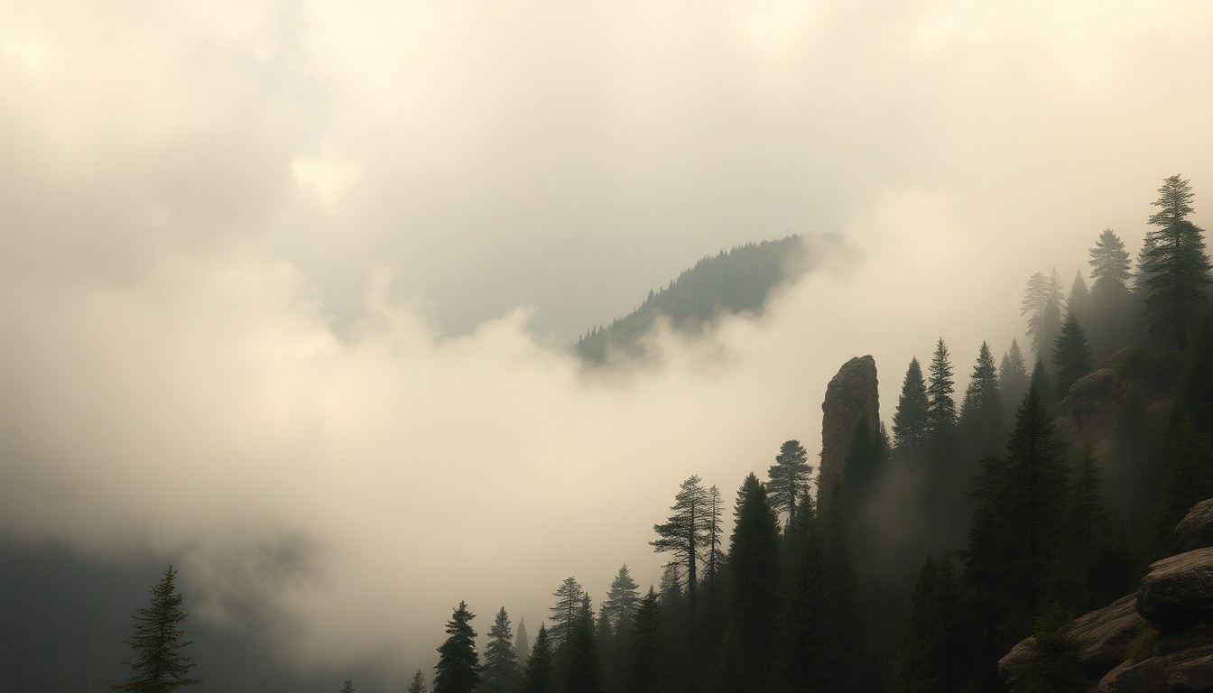 A sweeping, atmospheric landscape painting in muted tones of gray, green, and blue, depicting the rugged terrain of the Boise Foothills shrouded in a heavy fog, conveying a sense of the overwhelming scale and power of the natural environment.