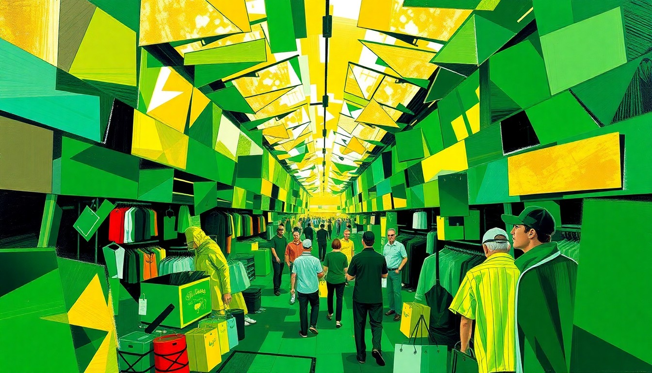 A fractured, multi-perspective painting in vibrant colors depicting the chaotic energy and excitement of the Masters merchandise tent, with shoppers and products breaking down into sharp, overlapping geometric shapes and planes.