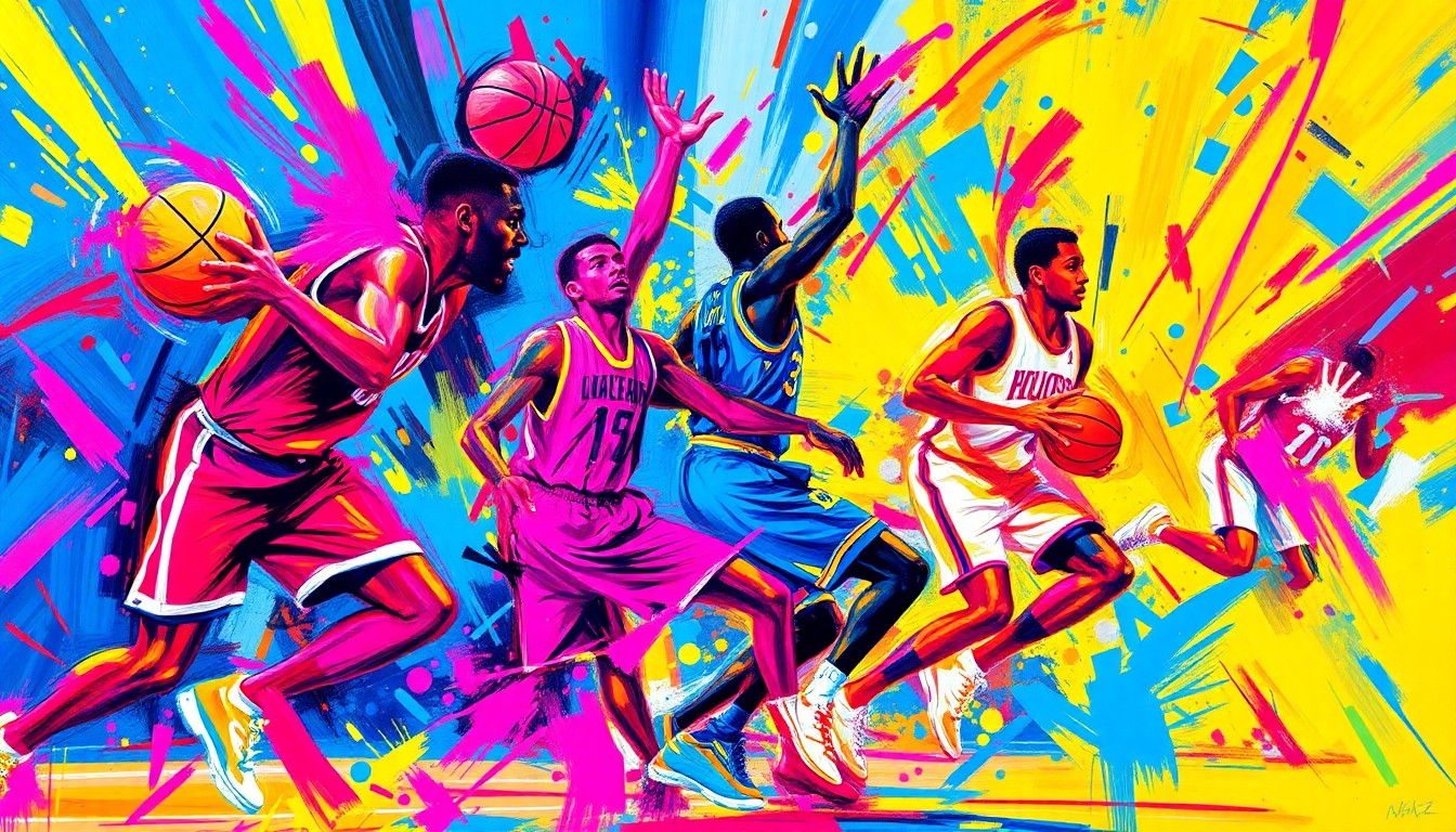 An abstract expressionist painting in vibrant neon colors, capturing the fast-paced energy and raw athleticism of an NBA basketball game, with players' forms dissolving into unrecognizable bursts of movement.