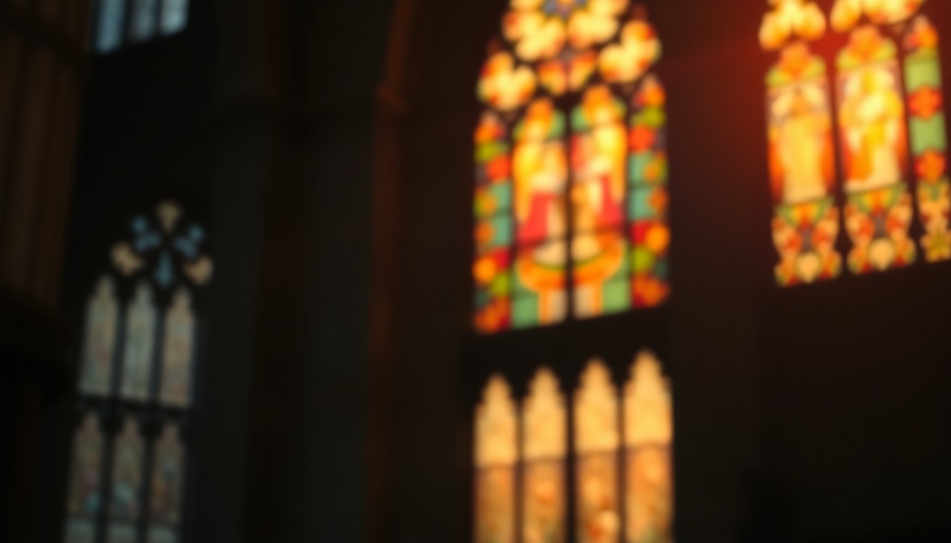 An abstract, impressionistic scene of muted, warm-toned light filtering through a stained glass window, creating a contemplative and atmospheric visual metaphor for the themes of faith and uncertainty explored in the story.
