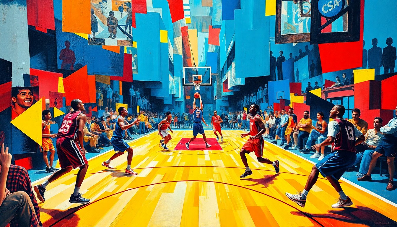 A cubist, geometric painting depicting the chaotic action of a high-level basketball game, with fragmented, overlapping shapes and planes in vibrant colors representing the players and their movements on the court.