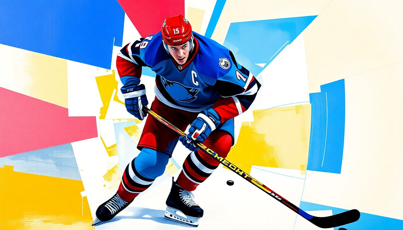 A fragmented, geometric painting depicting the angular, overlapping movements of a hockey defenseman, rendered in a vibrant color palette of blues, reds, and yellows.